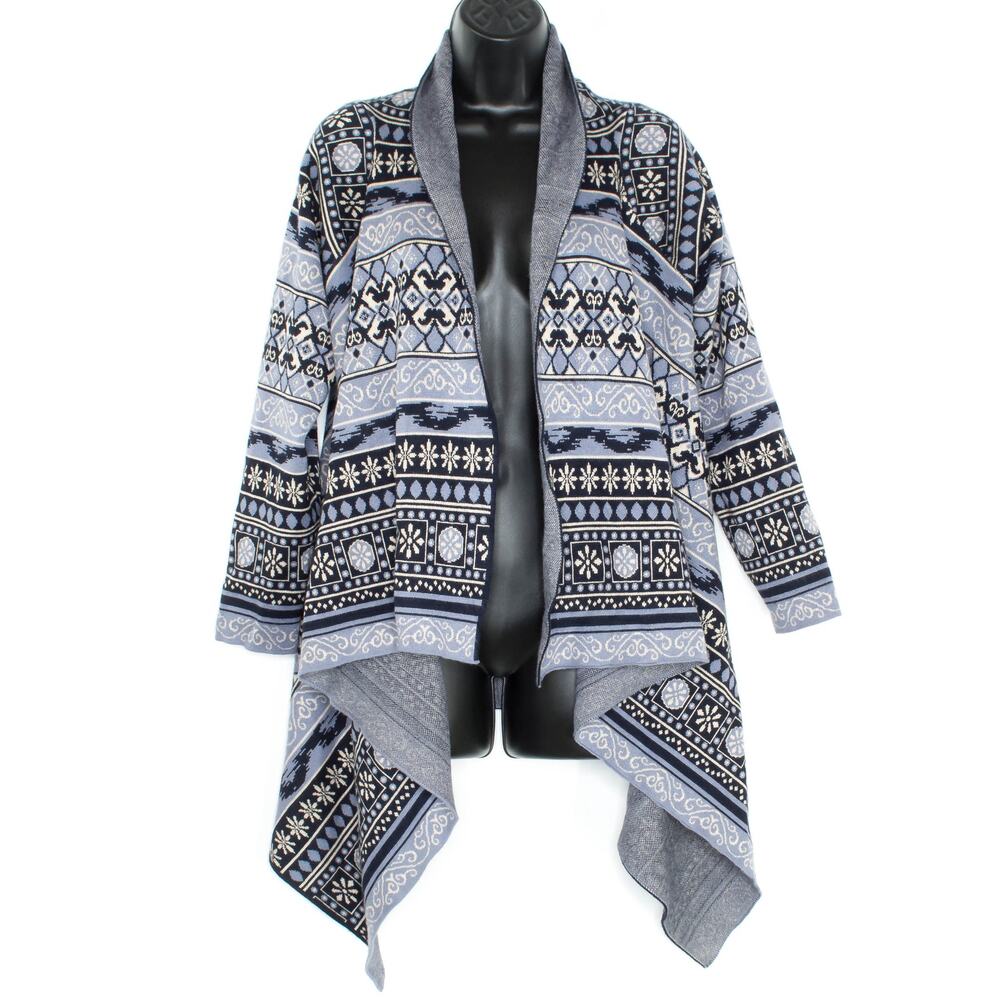 Fair Isle Nordic Boho Open Front Cardigan Sweater Cottagecore Cozy Blue Medium
